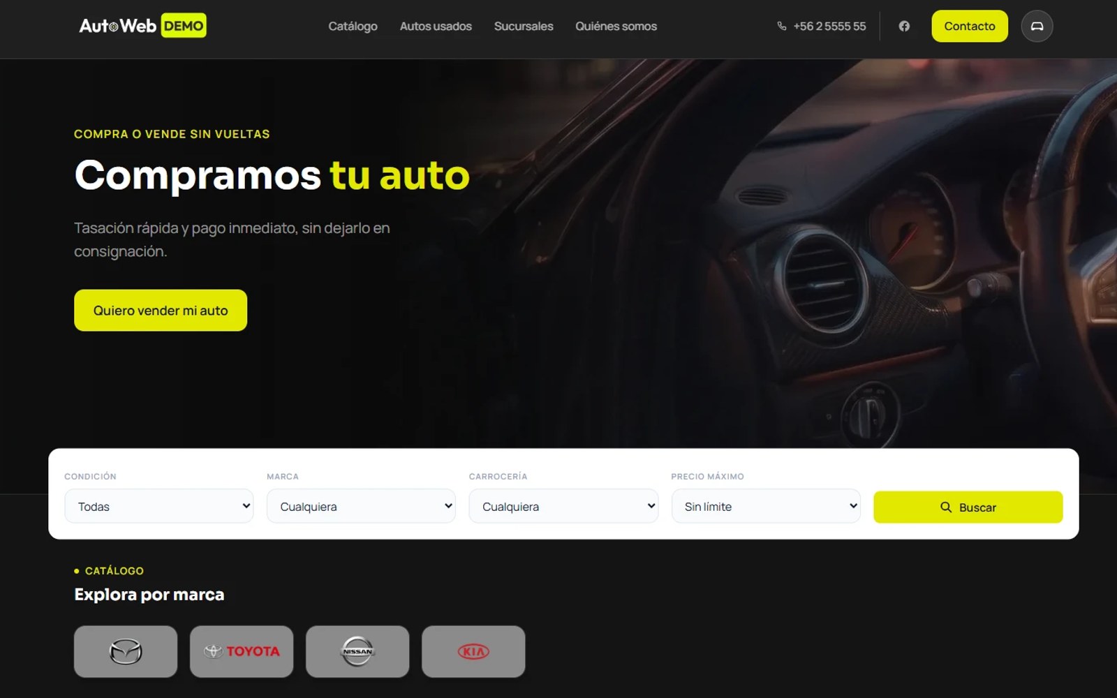 Vista previa del catálogo de autos en el sitio web de una automotora